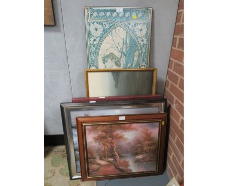 A selection of pictures and prints to include oil paintings, modernist canvas print of a tabby cat etc.