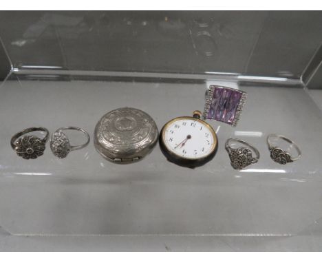 A bag of collectables to include sovereign holder, fob watch A/F, silver rings etc