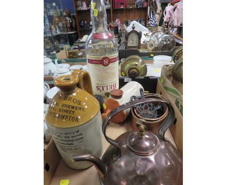 A tray of collectables to include a large Bells Whisky bottle, a White Bros Botanical brewery Chapel Street Wolverhampton sto