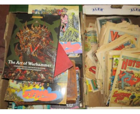 A box of assorted vintage paperback books, child's comic book, Art of War Hammer hardback book together with a tray of vintag