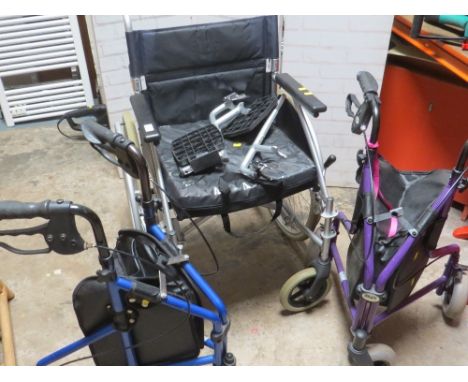 A Days lightweight wheelchair and two folding 3 wheeled walkers