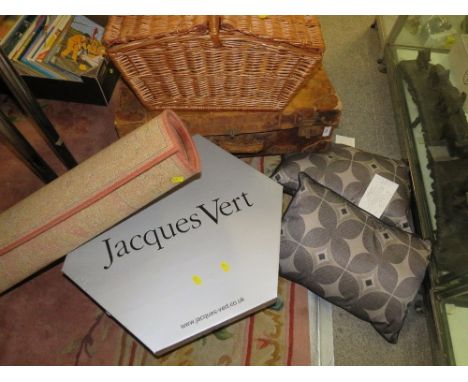 A small quantity of collectables to include a wicker picnic hamper, vintage suitcase etc