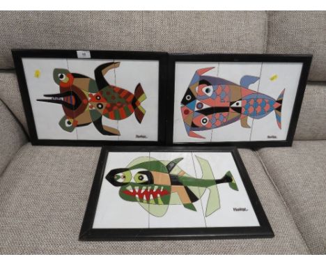 Three framed abstract ceramic tile images after Cesar Manrique, to include Abstract Shark