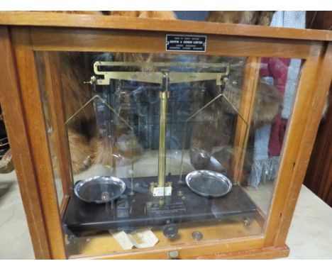 A glass cased set of Griffin &amp; George limited scientific scales, weights and accessories