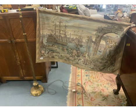 A modern tapestry wall hanging together with a brass Corinthian column standard lamp. (2)