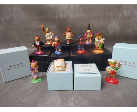 A COLLECTION OF NINE HALCYON DAYS HAND PAINTED PORCELAIN BEAR FIGURES, examples include a wizard, Charleston lady, town crier