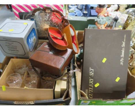 Two trays of collectables to include cutlery sets, clown figures, glassware etc