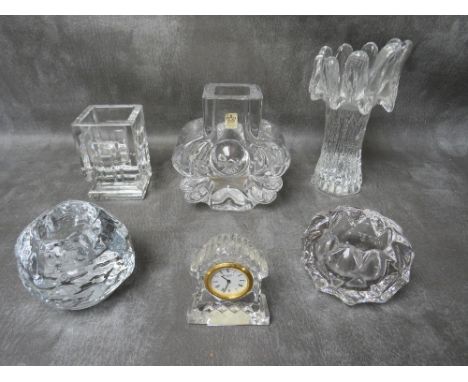 A COLLECTION OF CLEAR STUDIO GLASS VASES ETC., to include Lars Helsten Royal Krona shaped vase, with original label and signe