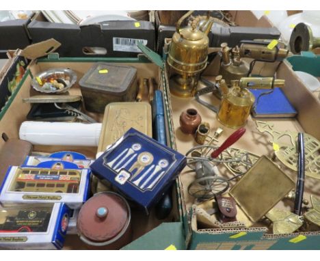 Two trays of assorted metal ware and collectables to include brass spirit kettle, blow lamps, trivets, die cast cars etc