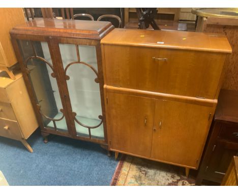 A mid century drinks cabinet together with a walnut china cabinet. (2)