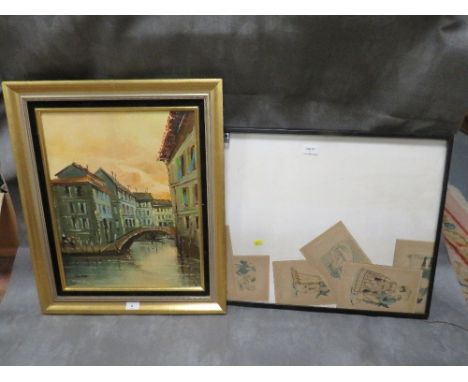 A continental Italian canal scene, oil on canvas, together with a selection of small Leadenhall prints of figures in period c