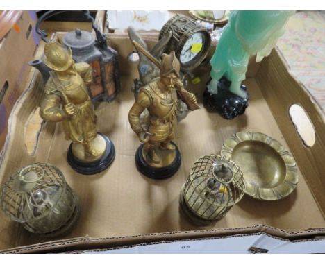 A box of brass bird clocks, Chinese figures, cast Chinese teapot etc