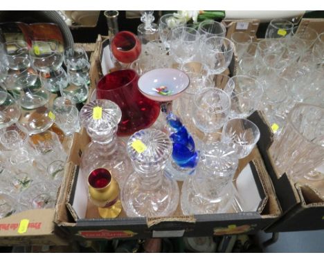 Three trays of assorted glassware to include decanters etc (3)