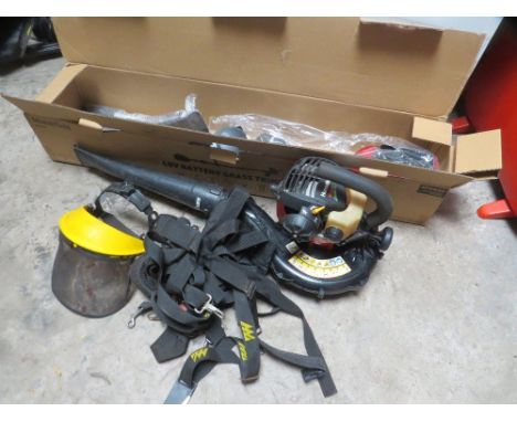 A boxed Mountfield 48v grass strimmer - no battery/charger together with a petrol leaf blower and safety hat