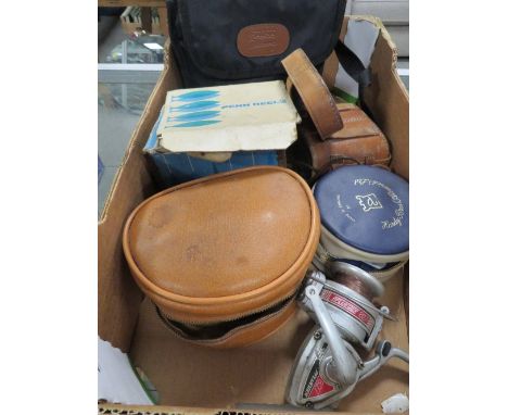A tray of vintage fishing reels, binoculars etc