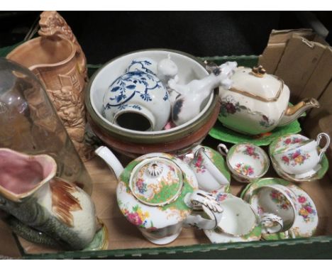 A tray of vintage ceramics etc to include a Paragon Rockingham coffee set