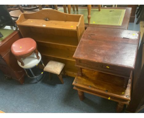 A collection of furniture to include a pine open bookcase, colonial lamp table, desk and three assorted stools. (6)