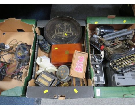 Three trays of assorted collectables to include a stormton chess set, a POW style porcupine pill box etc (3)