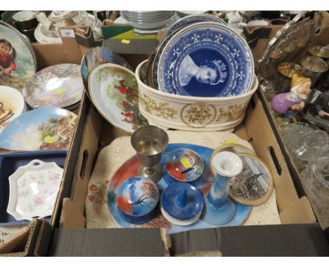 Three trays of ceramics etc to include collectors plates, dressing table set, glassware etc (3)
