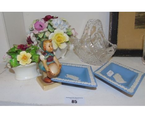 A Goebel/Hummell Figure, together with a large Royal Doulton posy, another Aynsley smaller, Dublin Crystal basket and two Wed