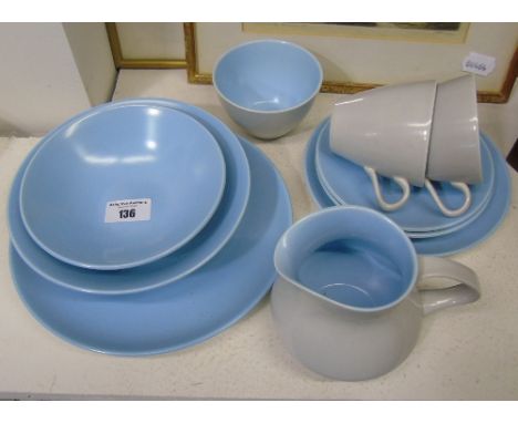 A Quantity of Poole Pottery Blue and Grey Tea Wares, to include two cups and saucers, a milk jug, sugar bowl, plate and two d