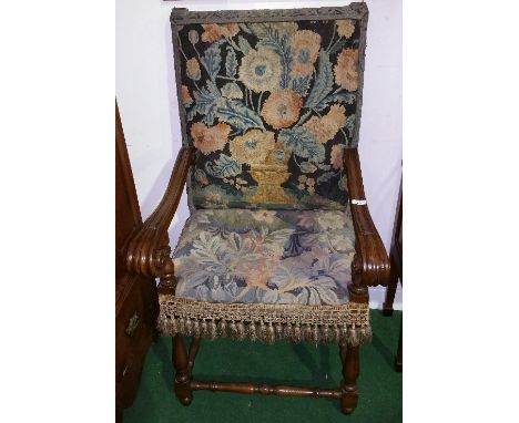 A Superb 19th Century Walnut Continental Armchair; with tapestry back and seat.