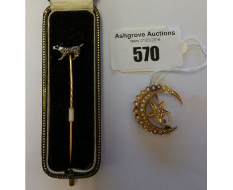 A Gold Diamond Pearl Brooch in the form of a Moon and Star, along with a 'Dog' pin brooch from Weir &amp; Sons (2).