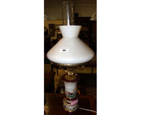 A Very Good Porcelain Table Lamp & Shade, the base decorated with a hunting scene.