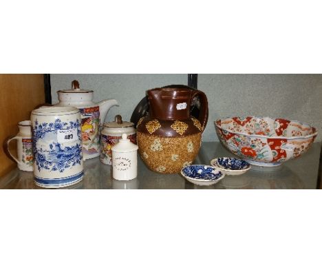 A Copeland Spode Cream Ceramic Tablet Pot inscribed 'Tab. Mogadon', together with a Doulton Lambeth jug, 19th Century Imari b