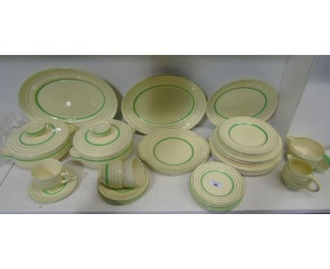 A Clarice Cliff Part Dinner and Tea Service, decorated with green bands on a cream ground comprising of a pair of tureens, th