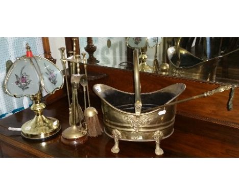 An Early 20th Century Mahogany Three-Tier What-Not, with a brass coal bucket of neat proportions, fire companion set & table 