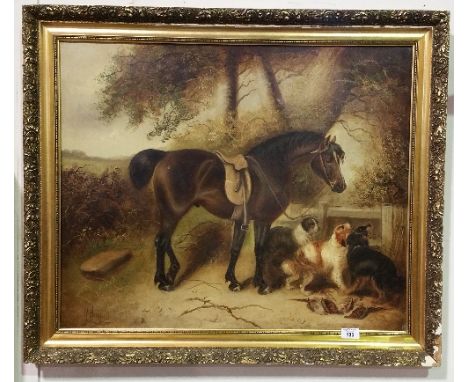 George Armfield (British FL 1840-1875), A Pair of Oils on Canvas.  Horse and Terriers in a Stable Interior & Horse and Gundog