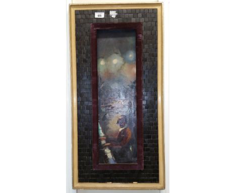 A Contemporary Oil on Board Depicting a Man Playing a Piano, mounted in a decorative frame, signed 'Keane 57', 60x54cm. 