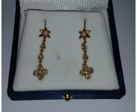 A Pair of Edwardian Rosecut Diamond & Pearl Drop Earrings.