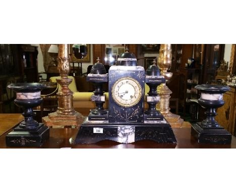 A 19th Century Black Slate and Marble Clock Garniture, having a brass and enamel dial.