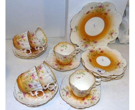 An Old Aynsley Tea Service with six colourful cups, saucers and plates with cake plate. Rd. No. 334379 (19).