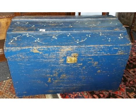 A Vintage 19th Century Painted Blue Timber Domed Travel Trunk.