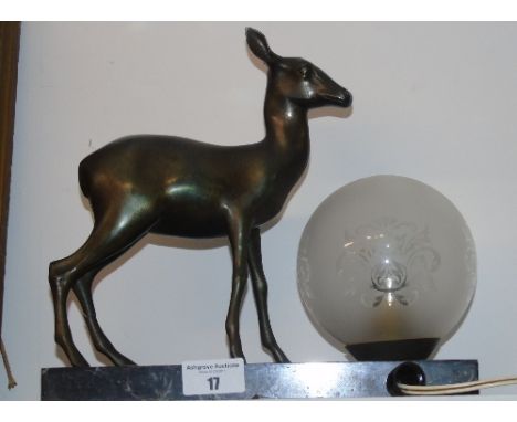 An Art Deco Design Figural Table Lamp formed as a Bronzed Metal Deer;  standing on a marbled slate base with globe etched gla