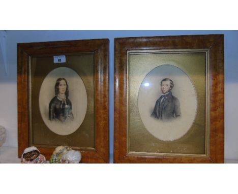 A Pair of 19th Century Watercolours Portrait of a Young Lady and Gentleman, each with birds eye maple frame. 21 x 15.5cm (2).