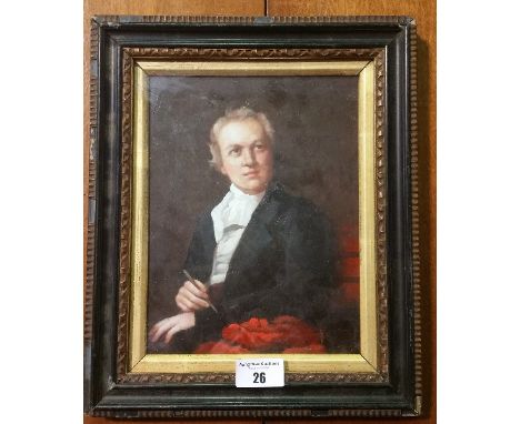 An Oil Portrait Painting of a Gentleman, wearing a white ruffled cravat with black jacket, holding a quill. Framed and glazed