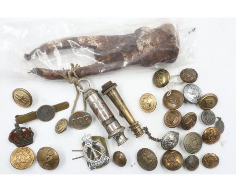 ARP whistle, mixed military and uniform buttons and a pair of relic wire cutters. UK P&amp;P Group 1 (£16+VAT for the first l