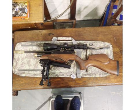 BSA Ultra 177 calibre air rifle, with brass attachments, scope, bipod and silencer, with canvas bag and accessories. UK P&amp