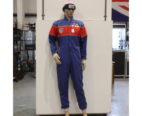 British motor racing marshal jump suit, approximate size m with badges and hat for Lombard Rally. UK P&amp;P Group 2 (£20+VAT