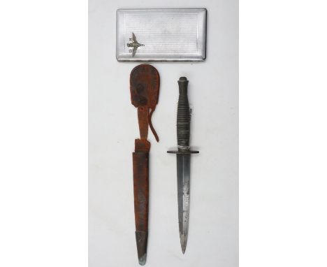 British WWII Fairbairn Sykes model 3 'Commando' dagger, with metal-mounted leather sheath, un-named. Together with a chromium