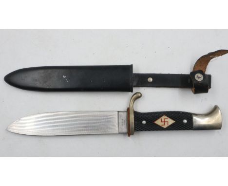 Hitler Youth knife and sheath, the chequered grip with Swastika replaced. UK P&amp;P Group 2 (£20+VAT for the first lot and £