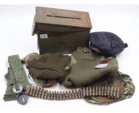 Ammunition tin containing cartridge belt, uniform components and other mixed items. UK P&amp;P Group 3 (£30+VAT for the first