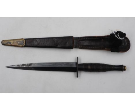 British WWII Fairbairn Sykes model 3 'Commando' dagger, with metal-mounted leather sheath, un-named. UK P&amp;P Group 2 (£20+