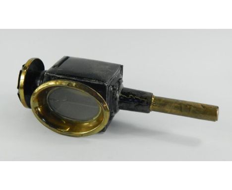 A Victorian tin and brass carriage lamp, 43cm long