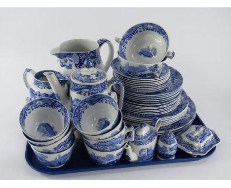 Spode blue and white pottery, decorated in the Italian pattern, comprising water jug, coffee pot, pair of dinner plates, five