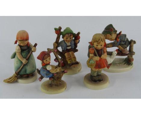A group of Hummel figures, comprising; Barnyard Hero 195 2/0, Little Sweeper 171, Apple Tree Girl 141 3/0, Apple Tree Boy 142